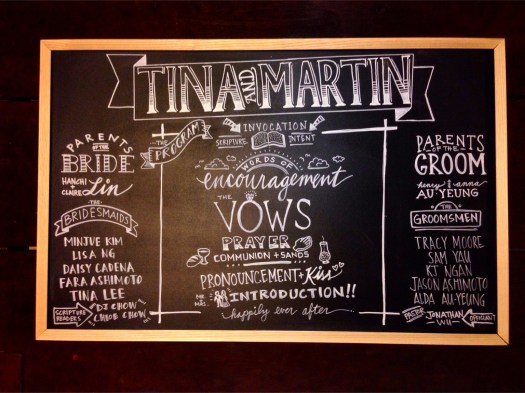 Martin and Tina's wedding chalkboard. Took a while to do, but it was fun. (This was also the first wedding Fara and I got to be in together as bridesmaid and groomsman!)