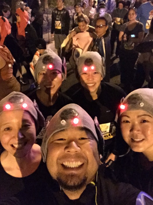 The flashing LED lights were a hit when we lined up for the start at 5am! I put another pair of lights on the back of the hat for the ion engines.